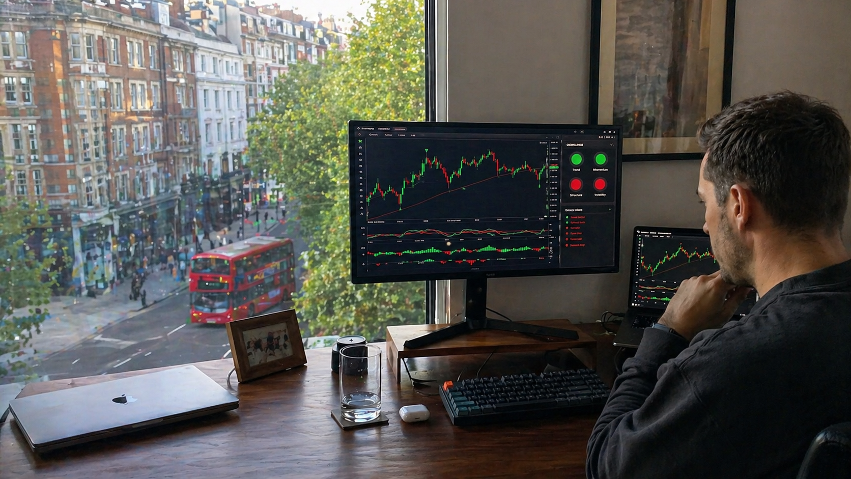 A focused trader reviewing multi-market charts on a desktop workstation